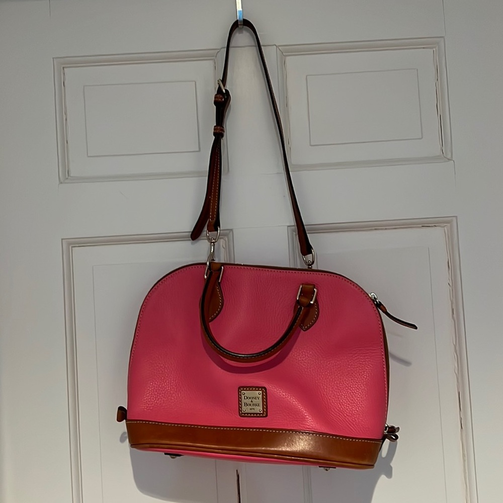 Dooney and Bourke pink, all weather leather bag with tan trim